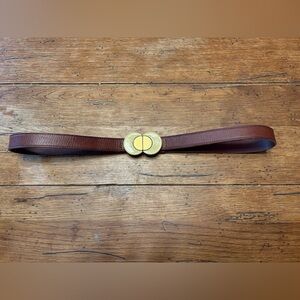 Vintage Whimsical Fossil Brown Leather Belt with Gold Clasp